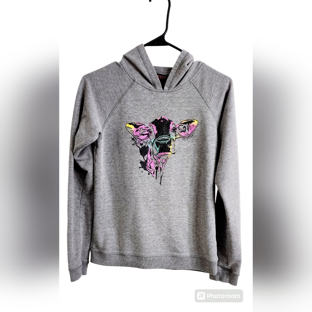 Girls Rock & Roll Cowgirl gray hooded sweatshirt with cow print